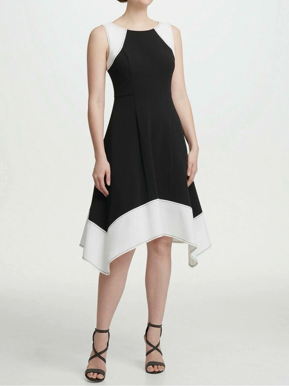 DKNY Sleeveless Black and White High-Low Fit-and-Flare Dress sz 8